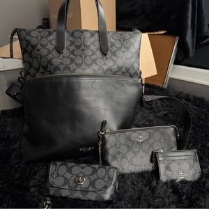 Coach Foldover Black Signature Unisex Bag Set with Matching Accessories